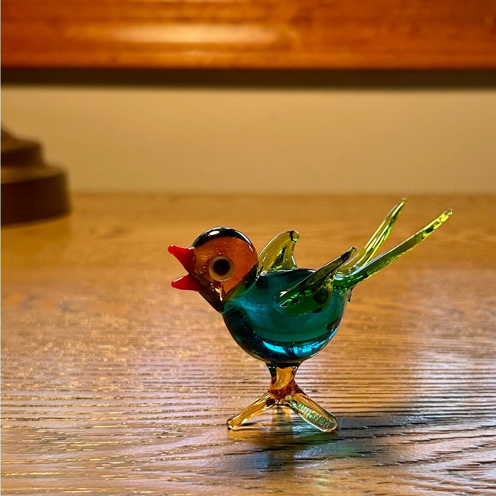 Vintage Hand Blown Glass Bird Figurine Teal Green Mid Century 1970s